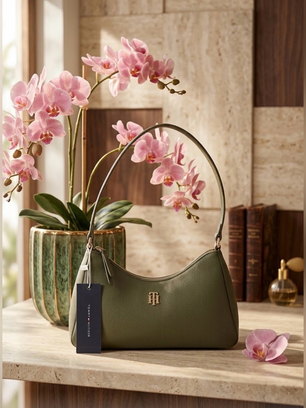 Tommy Hilfiger Olive Green Pebbled Leather Shoulder Hobo